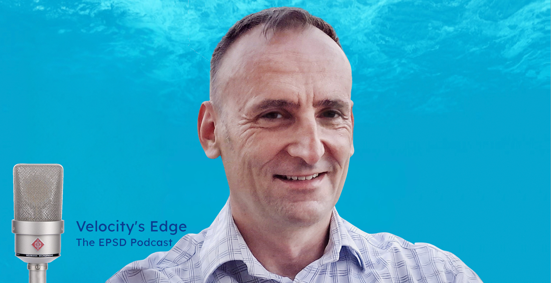 A photo of Huw Rogers with the Velocity's Edge Podcast logo